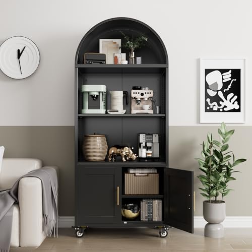 Image of 72.3 inch Black Metal Arched Bookcase with Lockable Wheels, 2 Adjustable Shelves, Tall Rolling Storage Cabinet for Living Room, Home Office, School, Assembly Required
