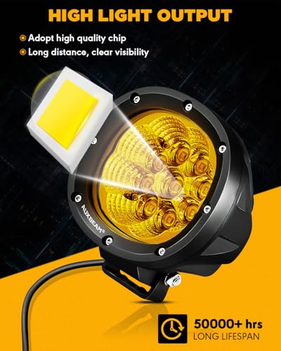 Auxbeam 4 Inch Amber Round LED Driving Light, 2PCS 90W 9000LM Yellow Fog Pods Light Bar Off-Road Flood Work Energy-Efficient Lights with DT Plug Wiring Harness Kit for Truck Jeep Pickup ATV UTV SUV