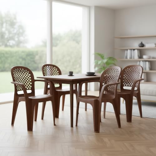 Image of Cello Crystal Armrest Plastic Chair with Matt Finish | Chairs for Living Room, Garden, Home Indoor and Outdoor Use (Colour: Rattan Beige, Set of 4)