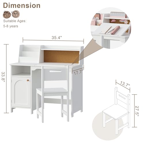 Image of Treocho Kids Study Desk and Chair Set, Kids Desk with Hutch and Tiltable Desktop for 3-8 Years Old, Wooden Children Study Table with Storage Cabinet, Student Writing Desks Bedroom, Home School, White