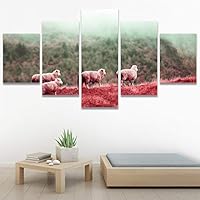 SIGNWIN 5 Panel Canvas Wall Art Modern Art Animals Cow Expressive Farmhouse/Country Multicolor Photography Sheep for Home Decorations Ready to Hang - 60