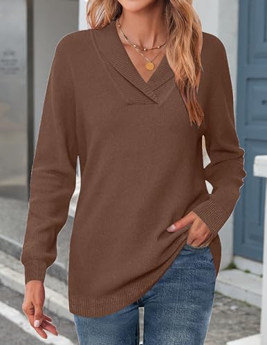 Image of Zeagoo Womens Sweaters Fall Fashion 2025 Long Sleeve Tops V Neck Business Casual Collared Knit Tunic Pullover Outfits