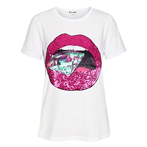Image of PESION Womens Sparkly Diamond Shirts Short Sleeve Red Sequined Lip Print T-Shirt Tops Tees, White+ Kiss XX-Large