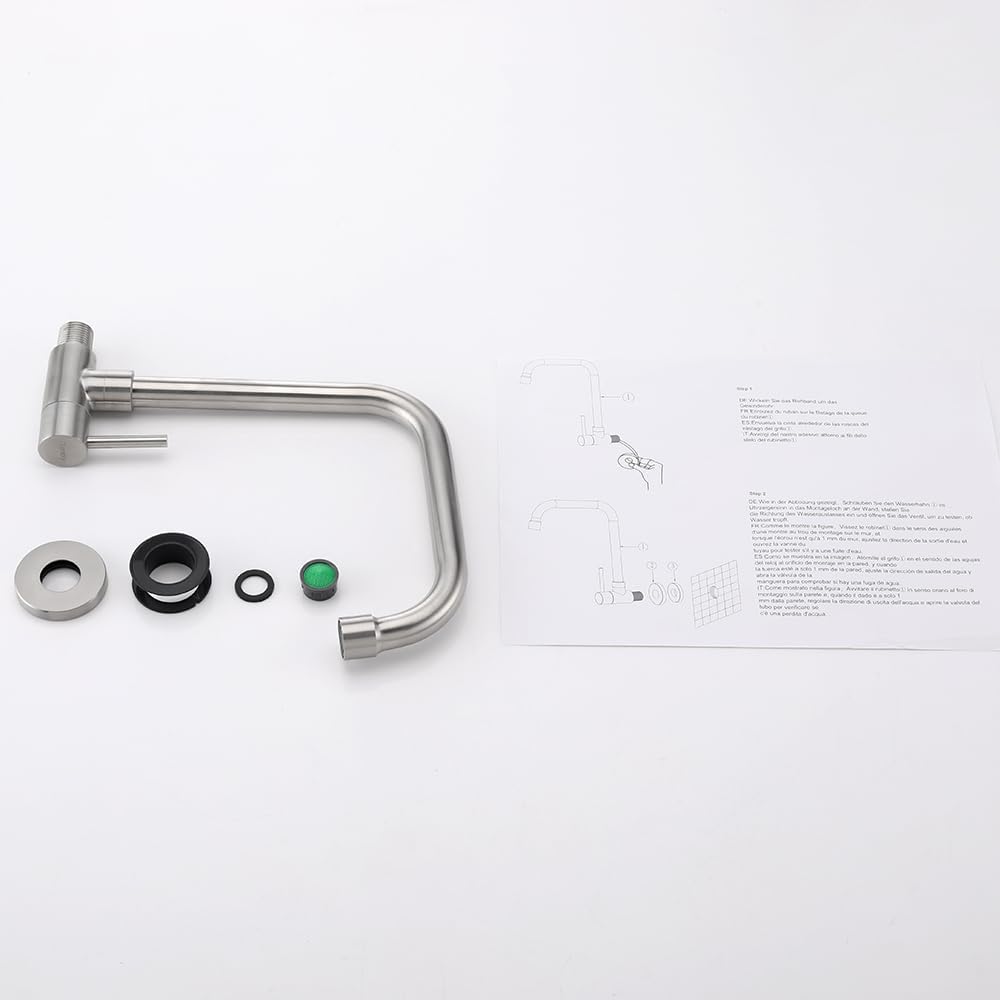 Grifo Cocina de Pared Solo Agua Fría, G 1/2" Grifería para Fregadero Giratorio a 360​°, Monomando Acero Inoxidable 304, Aireador Extraíble, Cepillado
