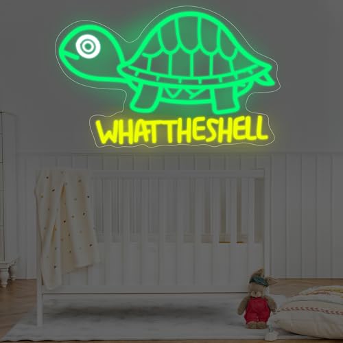Image of Turtle Neon Sign,What the Shell Turtle Sign,Sarcastic Decor,Funny Neon,Cute Turtle Pun Gift,Kawaii Turtle Sign,Animal Neon Light, 15.9 inchx10.4 inch, Yellow
