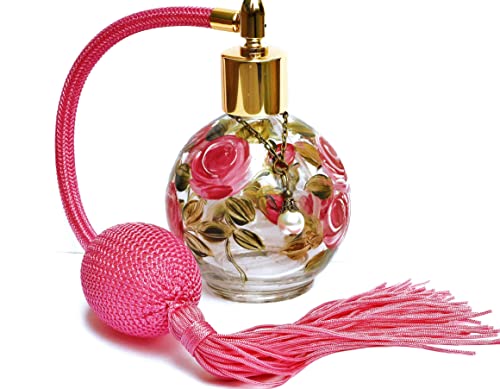 Vintage Style Atomizer Bulb Spray Glass Perfume Bottle with Long Tassel and Hand Painted Pink Roses Romantic Vanity Decor Accessories Gifts for Women Goddess Arts Collection4