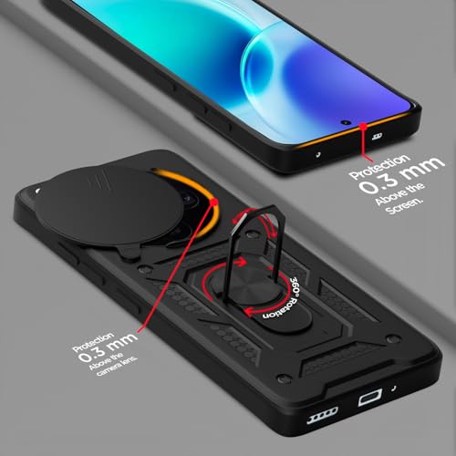 Image of Pikkme Back Cover for Vivo X300 5G | 360 Protection Case | Sliding Camera Shield Cover & Ring Holder Stand D10 Tough Armor Bumper Case (Black)