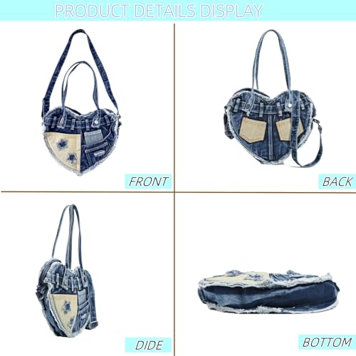 Women's Cute Heart Shape Denim Wallet Denim Tote Bag Underarm Shoulder Bag Handbag3