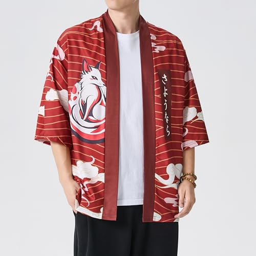 Image of PRIJOUHE Men's Lightweight Kimono Jacket Seven Sleeve Open Front Cardigan Coat Japanese Style Bathrobe