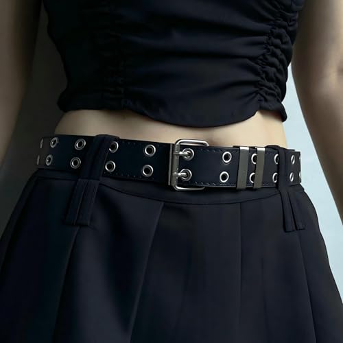 YMO Black Belt Women, White Double Grommet Leather Belt for Women Men Jeans Belts3
