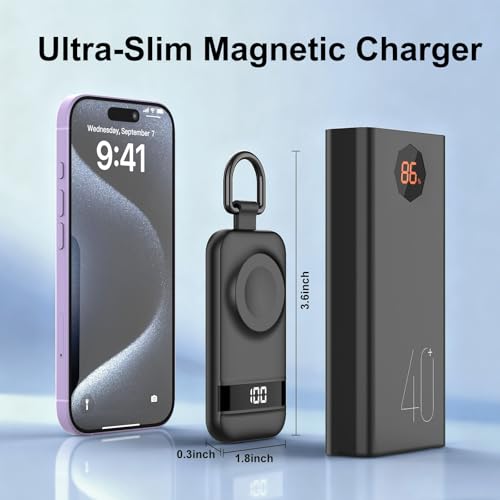 Image of 5W Fast Portable Charger for Apple Watch, 2500mAh & Digital Display - Magnetic Fast Charging iWatch Charger for Travel - for Apple Watch Series (Grey)