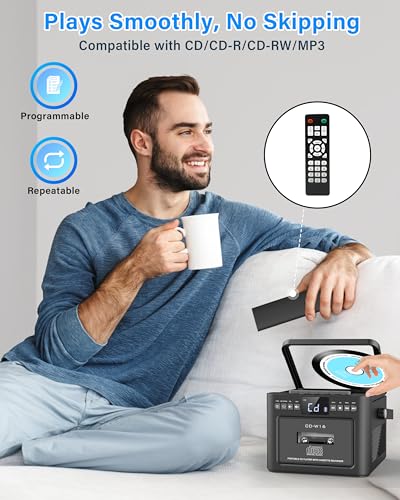 Greadio Rechargeable CD Player Boombox with Cassette Player, Bluetooth Receive/Transmit/FM Radio/USB/TF/AUX Combo, Boom Box with 5000mAh Battery, Remote Control, CD Boombox Players for Home Outdoor