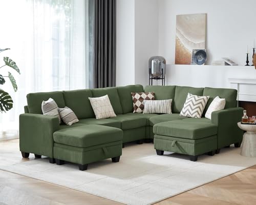 Image of CHIC HOUSE Modular Corner Sectional Sofa with Storage Ottoman, Corduroy L-Shaped Couch, Compact Small Space Furniture for Living Room & Apartment, (Green, 8 Seater L-Shaped)