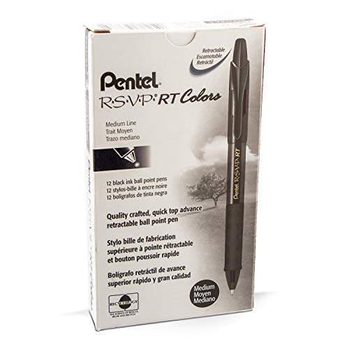 Pentel RSVP RT COLORS Retractable Ball Point Pen, Medium Line, Black Barrel, Black Ink, Box of 12 (BK93CRA-A)