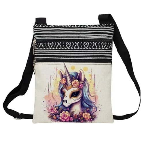 Skull Unicorn Messenger Bag Small Ethnic Pattern Printed Adjustable Strap Crossbody Zipper Bag Skull Unicorn Phone Bag Wallet Cute Shoulder Handbag for Women -2