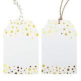 Anwyll Gift Tags,Gold Foil Metallic Confetti Polka Dots Gift Bag Tags,100Pcs Personalized Paper Gift Tags with Strings,White Paper Gift Labels for Birthday Party Wedding Christmas Favor Gift Wrapping