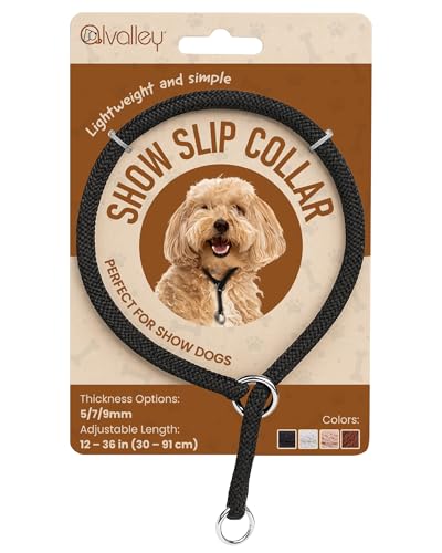 Alvalley Show Slip Collar for Dogs - Flat Braided Nylon Conformation With Chrome Plated Rings - Designer for Shows and No-Pull Training - Black, 16'