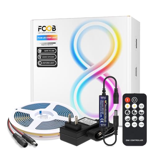FCOB 16.4FT 12V COB LED Strip Light Kit with RF14 Keys Dimmable Controller/AC Adapter, 8mm CRI90+ Flexible High Density Natural White 4000K LED Strips Lights for DIY Bedroom Under Cabinet