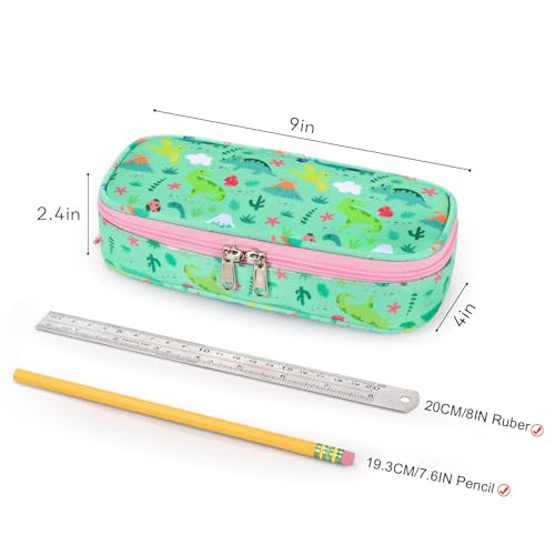 Image of mibasies Girls Pencil Case for Kids, Multi-Slot Pencil Pouch, Light Green Dinosaur Forset