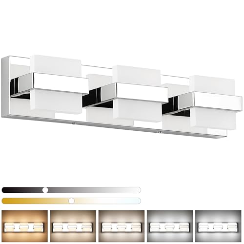 Image of SOLFART 3-Lights Chrome Bathroom Light,Vanity Light Over Mirror, Modern LED Light Fixtures, 5 Color Temperature Adjustable Modern Light for Bathroom