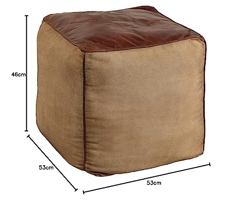 invicta INTERIOR Retro Sitzpouf Mustang 53cm Lederbezug mit Leinen Sitzwürfel Pouf Sitzhocker