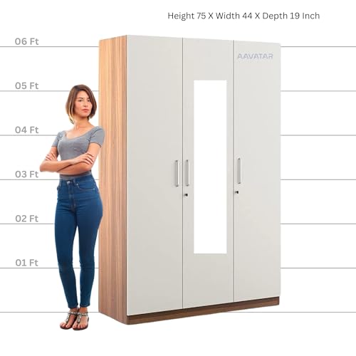 Image of AAVATAR 3-Door Engineered Wood Wardrobe with Shelves, Mirror and Locker Drawer for Bedroom, White, 75 x 44 x 19 Inch