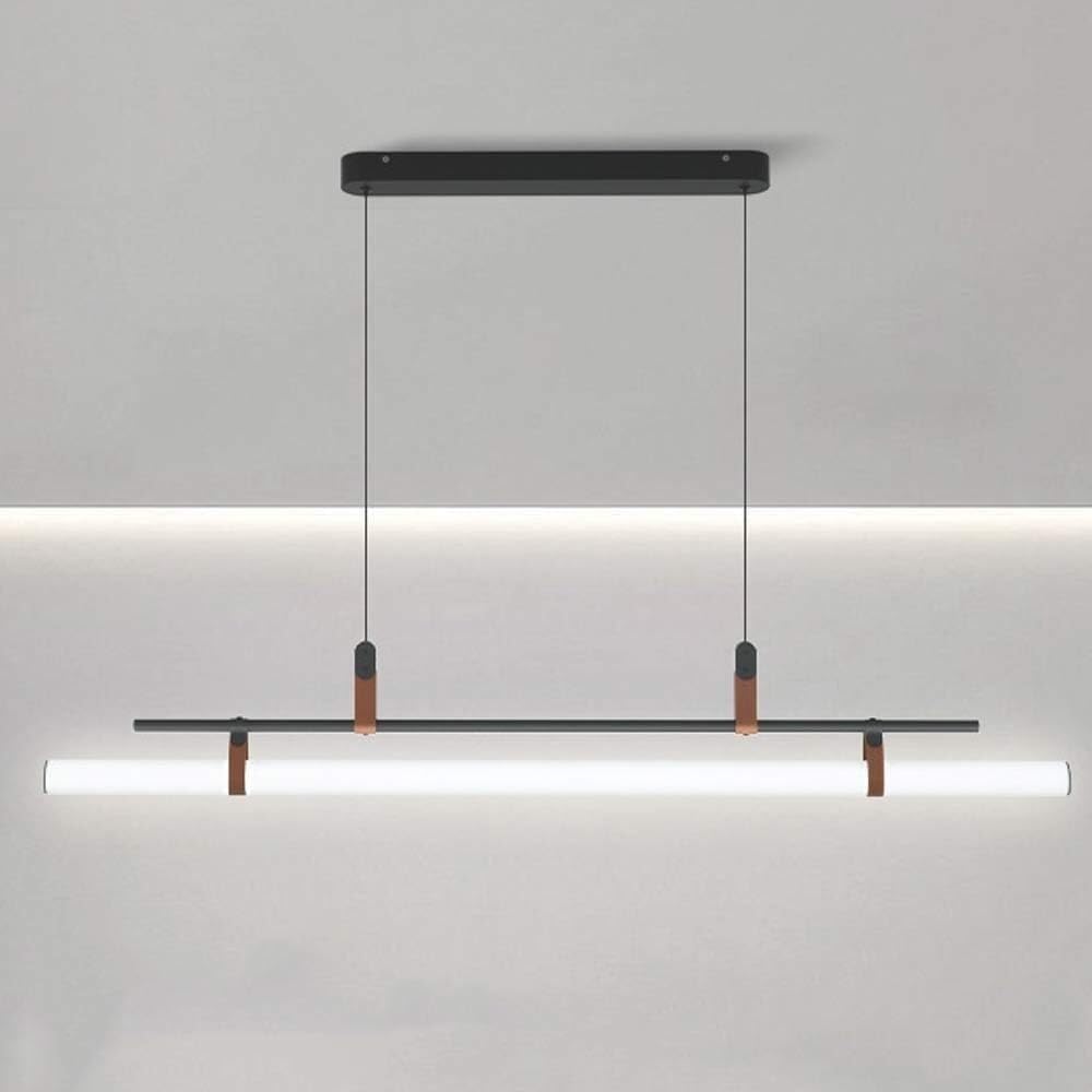 Nordic Creative Design Leather Pendant Light Minimalist Linear Acrylic Long Tube Hanging Lamp Interior Kitchen Island Lighting Chandelier for Dining Room Bedroom(Black,80cm/31.4in)