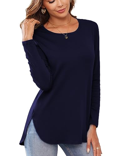 Image of Herou Women's Casual Long /Short Sleeve T Shirt Crewneck with Side Split Fall Pullover Loose Tunic Sweater Tops