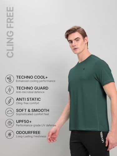 Image of TECHNOSPORT Men's Solid Slim Fit Round Neck T-Shirt TECHNOCOOL+ Half Sleeve Slip On Polyester for Gym Running Workout UPF50+ Anti Odour