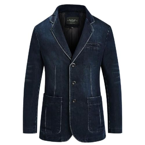 Blazer vaquero desgastado informal para hombre, chaqueta de 3 botones con cuello con muescas, estilo vintage, ajustado, estilo camionero, azul oscuro, talla XX-Large