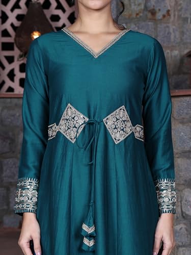 Image of EthnicJunction Women's Cotton Silk Embroidered Anarkali Kurta Palazzo with Digital Print Dupatta Set