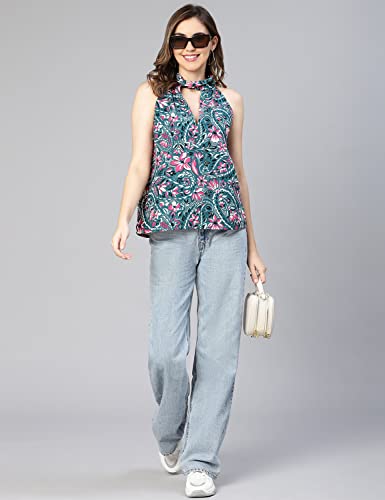 Image of oxolloxo Women Floral Print Key Hole Neck Polyester Top