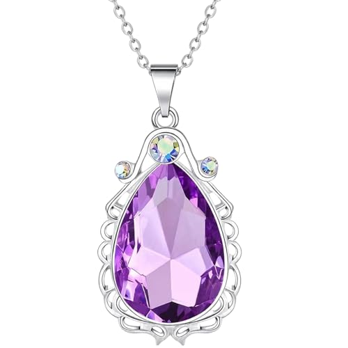 Colar com pingente de princesa Sofia a primeira lágrima roxa de cristal real com diamantes de imitação e diamantes de imitação em tom prateado