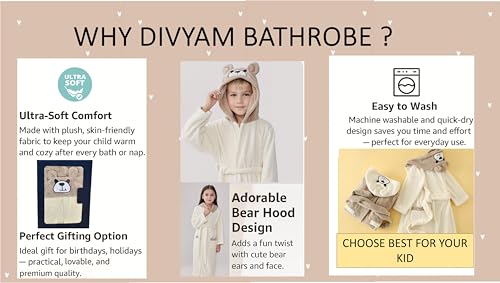 Image of DIVYAM Unisex Kids Bathrobe for 6-12 Years - 425 GSM Double Sided Soft Fleece Coral Velvet Material | Brown Hooded with White Bear | Lightweight & Quick Dry | Ideal for Bath, Pool & Beach
