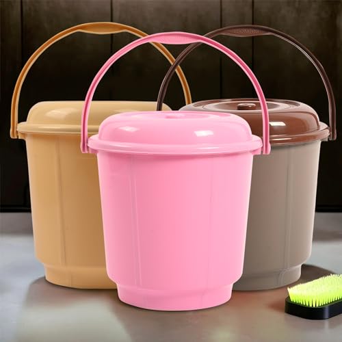 Image of Kuber Industries 3 Pcs 18 Liter Plastic Bucket for Bathroom | Plastic Bucket for Daily Use | Water Storage Bucket | Balti for Bathroom | Pink-Cream & Mink Grey