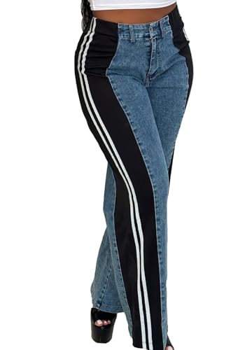 YOOTIKO Women High Waisted Jeans Patchwork Striped Pants Straight Wide Leg Denim Jeans Streetwear