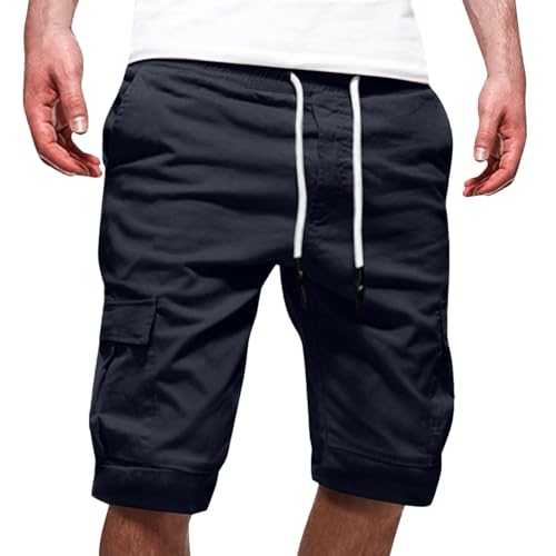 2025 Pantalones Cortos Hombre Trabajo Verano Casual Pantalon Corto Cargo Moda Bermudas con 4 Bolsillos Original Color Sólido Vintage Pantalón Deporte con Cordón Ajustable Shorts Fitness Running Playa