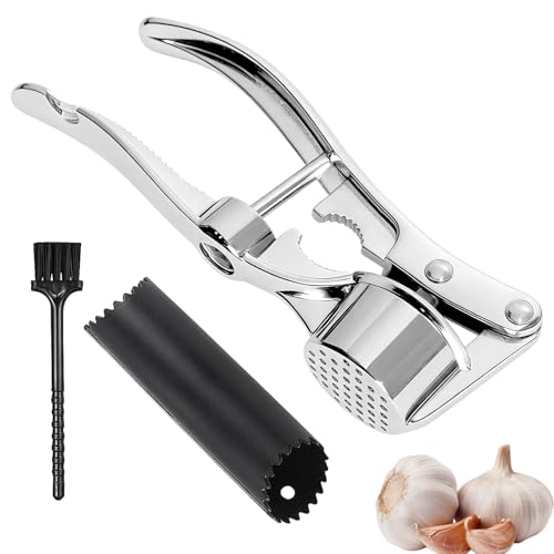 Kaiyzo Presse Ail Extra Large, Alliage d Aluminium 5 en 1 Presse et Hachoir Ail Manuel, Gaine d Épluchage Silicone et Brosse de Nettoyage Incluses, 16 x 5 cm, Multifonction