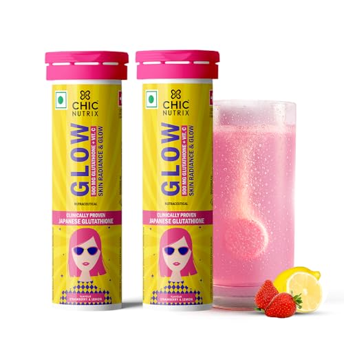 Image of Chicnutrix Glow Glutathione Effervescent Tablets with Vitamin C |Japanese Glutathione 500mg For Radiant, Even-Toned and Glowing Skin | Sugar-Free| Strawberry Lemon Flavour, 10 Tablets (Pack of 2)