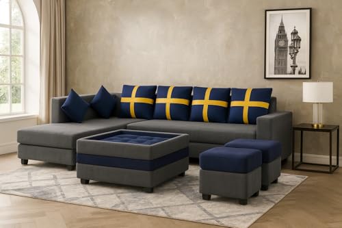 Image of FURNY Premium Arora 8 Seater Fabric LHS L Shape Sofa with 2 Ottoman + 1 Centre Table Ottoman Set for Living Room | with Velvet Fabric | in Dark Blue & Dark Grey Color | Durable Co