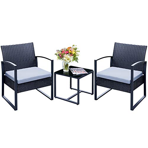 Viewee 3 Pieces Patio Rattan Sets, Modern Outdoor Furniture with 2 PE Rattan Chairs, 2 Thicker Cushions and 1 Square Metal Side Table for Indoor and Outdoor Porches, Decks and Balconies - Thumbnail 2