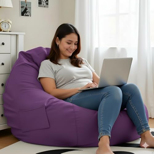 Image of 4XL Leatherette Bean Bag Chair with Footrest & Cushion with Beans Filled (Ready to Use) Color- (Purple, Bean Bag Only)