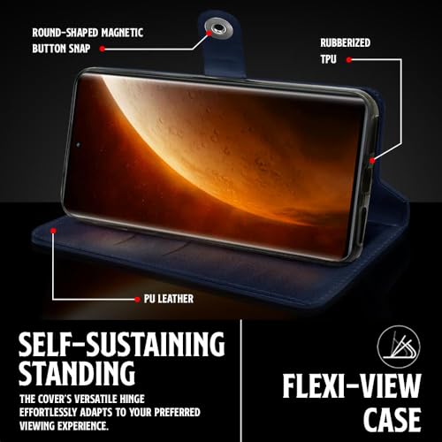 Image of WOW IMAGINE Shock Proof Flip Cover Back Case for Realme Narzo 60 PRO | 11 PRO | 11 PRO Plus 5G (Magnetic Button Flip Case | Wallet Pockets & Stand | Leather Finish | Oxford Blue)