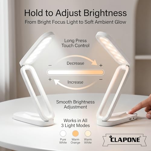 Image of CLAPONE LED Desk Lamp Rechargeable, White | Foldable & Portable, For Study, Office & Home, 3 Brightness Levels with Touch Control, Wireless Battery Operated, Eye-Caring