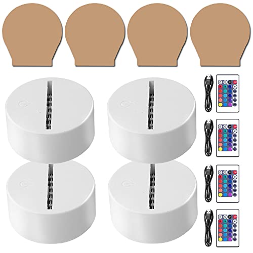 HYNNIO 4 Sets 3D Night LED Light Lamp, Large Size LED Base for Acrylic, 16 Colors with Remote Control and USB Cable for Bedroom, Child Room, Restaurant, Shop (4-Set Round White)