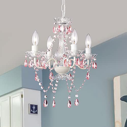 Pink Chandelier White Chandelier Lighting With Acrylic Crystals Mini 4 Lights Chandelier For Bedroom #TOP6