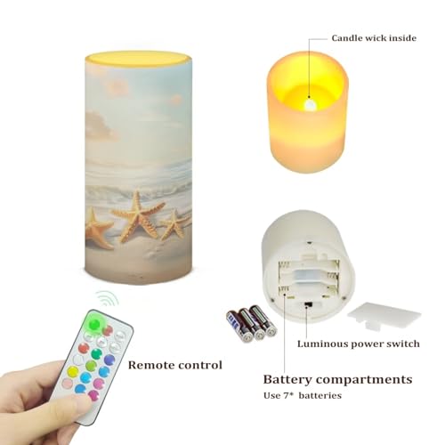 Image of Flameless LED Candle Flickering Wick Electric Candles with Remote Timer Color Changing 5.9 Inches Pillar Candle for Coastal Indoor Home Decoration, Beach Gold Starfish