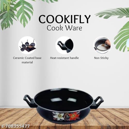 Image of Premium Non-Stick Induction Base Kadai with Double Handles | Induction & Gas Compatible | Heavy Duty Kitchen Cookware (Black) - Set - 1