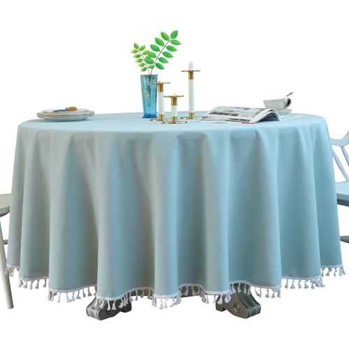 Nappe en coton et lin bleu clair à pompons pour repas de mariage - 2
