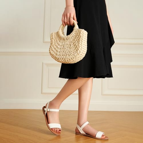 Image of Trary Women's Dressy Summer Leather Flat Ankle Strap Gladiator Open Toe One Band Two Tone Adjustable Metal Buckle Comfortable Wedding Sandals